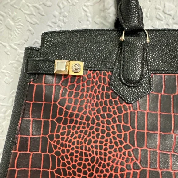 Henri Bendel Red Black Crocodile Print Leather Handbag - Picture 7 of 11